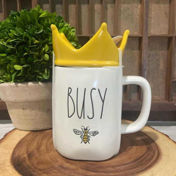 Rae Dunn Accessories - New Rae Dunn BUSY Bee white mug with yellow crown topper